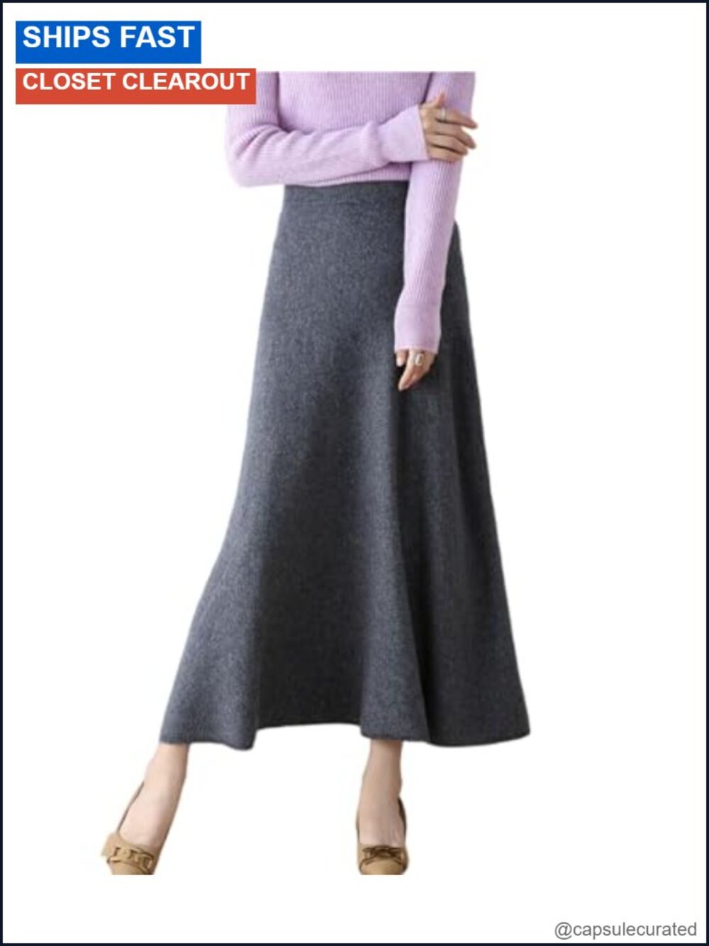 100% Merino Wool Ribbed Knit Skirt High Waisted Ankle Length Winter
